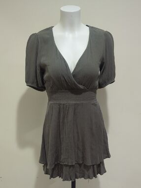 Gray V-Neck Mini Dress with Smocked Waist